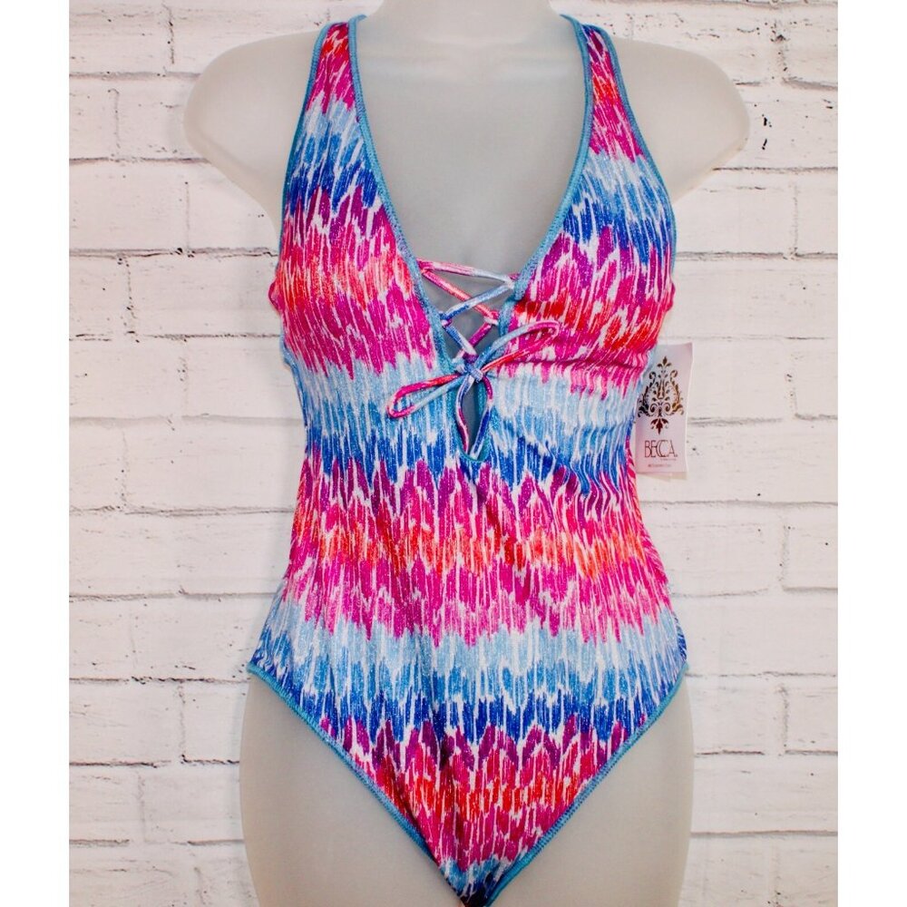 Becca Women's Joshua Tree One-Piece Swimsuit Pink Blue Lace Up $158 NWT S, M, L - Picture 4 of 9